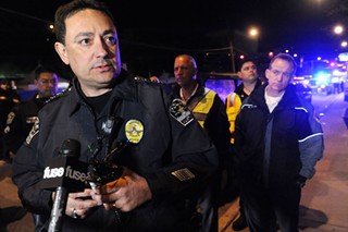 Chief Art Acevedo addressing reporters after Rashad Owens drove through a crowd gathered on Red River Street during SXSW 2014.