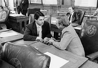 Rick Perry and Pete Laney, 1985</font></b><br>
<font class=smallsans>(photo courtesy Texas State
Library and Archives Commission)
