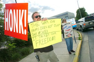 The yearly return of tax day also means the annual tax protests from various groups, including these activists calling for the end of the expensive drug war. They were joined at the downtown post office by protesters against our shooting war, among others.