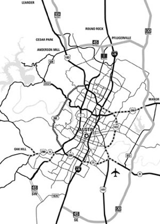 Toll roads previously approved and scheduled for construction: US 183A above RM 620, TX 45 North to TX 130 East, TX 130 East, TX 45 South East, MoPac extension above Parmer Lane. (solid gray)
<p>

Toll road newly approved by CAMPO: TX 45 Southwest, from MoPac to RM 1626. (double grey line)
<p>

Existing roads newly approved by CAMPO for tolled segments: US 290 East to TX 130, US 183 (Ed Bluestein Blvd.), TX 71 East to ABIA, MoPac from US 290 West over William Cannon, US 290/71 West to Oak Hill. (broadly dotted lines)
<p>

CAMPO approved construction for tolls, but withheld funding pending further review and an additional vote: Loop 360. (narrowly dotted line)
<br>For a larger map click <a href=bigtollmap.jpg 
target=blank>here</a>