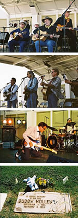 Not Fade Away (top to bottom): Larry & Travis Holley, with Tommy Allsup, far right; the Flatlanders Stay for three songs; John Mueller gets ready, teddy; Buddy Holley remains forever down-to-earth. Rave on.