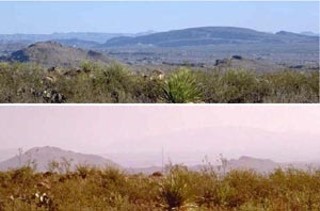 The same view, on different days: Big Bend's declining air quality makes a huge difference.
<br>Photo courtesy National Park Service