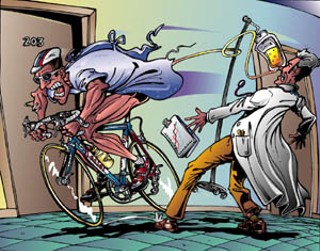 The Bill Cass illustration, of Armstrong living strong
even under chemotheraphy, that inspired the founding
of the Lance Armstrong Foundation