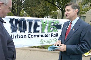 Austin Mayor Will Wynn stumps for the commuter rail
initiative today at the Travis County Courthouse.