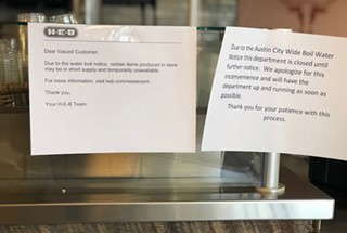 The boil water notice has forced many Austin businesses to curtail services. Here: a notice posted at the H-E-B Hancock Center deli counter.