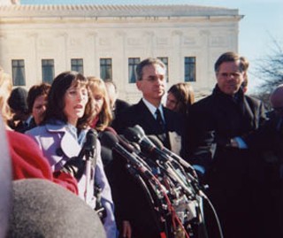 Angel Raich, defendant in <i>Ashcroft v. Raich</i>,
speaks to reporters outside the Supreme Court.