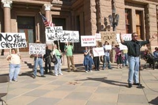 Approximately 200 protesters showed up at the Capitol on Sunday to protest the next day's meeting of the Electoral College in Austin and other state capitals to officially conduct the presidential election. The event was part of a nationwide march on all 50 state capitals and Washington, D.C., calling for a manual recount of the Nov. 2 vote and investigations into reported voting irregularities and cases of fraud. Despite their demands to the contrary, Texas' electors officially cast all 34 of our electoral votes for Bush on Monday.