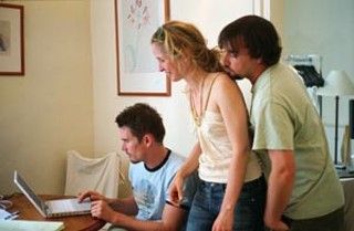 <i>Before Sunset</i> screenwriters (l-r) Ethan
Hawke, Julie Delpy, and Richard Linklater