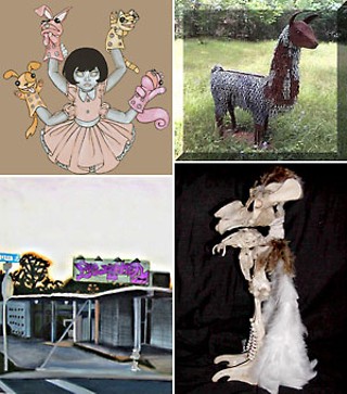 clockwise from top left: <i>Ganesh</i> by Alicia Traveria, <i>El Macho</i> Jim La Paso, <i>Enlighten Yourself</i> by Lauren Reed