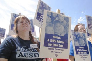 Teachers from around the state converged on the
Capitol on Monday to give legislators an earful about
education issues, including House Bills 2 and 3 – aka
the school finance reform package – which passed
last Wednesday and Monday, respectively, over the
objections of the Texas Federation of Teachers. See
<b>On the Lege</b></a> for more.