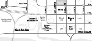 The current proposals under discussion would directly
affect Block 21 (north of City Hall) and the Seaholm tract,
but the decisions and plans made for those two tracts,
especially concerning transportation, will reverberate
throughout the Second Street district.<br>For a larger
image click <a href=seaholm_block21.jpg
target=blank><b>here</b></a>