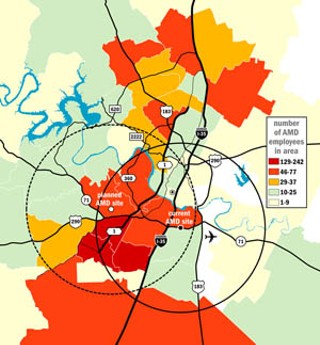 AMD defends its decision to move to Lantana by arguing that 58% of its employees live within 10 miles of the site. Environmentalists point out that that definition covers a huge portion of Austin, much of which overlaps with a similar radius around AMD's current facilities on East Bne White.
<br>For a larger image click <b><a href=amd.jpg target=blank>here</a></b>