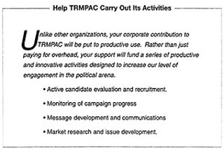 An excerpt from a TRMPAC mailer to corporate donors; by law, coporate donations may only be used for overhead.
