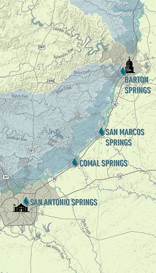 One great Texas trail from the Alamo to the Capitol is how the Great Springs Project planners explain their vision of protected lands connecting four of Texas' great springs – Barton Springs, San Marcos Springs, Comal Springs, and San Antonio Springs. The southeast boundary of the GSP clings closely to the west of I-35, while its northwest boundary spans along Barton Creek, Onion Creek, and the Blanco River down to San Antonio.