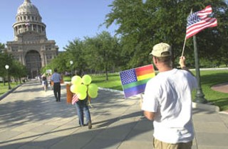 Several hundred demonstrators braved the thick afternoon heat Friday, July 1, in a rally at Wooldridge Park, a march to the Capitol, and a single-file procession and equality vigil around the building. The protest was organized by the newly formed Austin Alliance for Social Justice and the Lesbian and Gay Rights Lobby, and was led by gay veterans responding to Gov. Rick Perry's recent suggestion to gay and lesbian Texas veterans of the Iraq war that Texans made a decision about marriage, and if there's a state that has more lenient views than Texas, then maybe that's a better place for them to live. Retired Col. Paul Dodd, a former Army chaplain, commented, Our soldiers sacrificed their life's blood for the American values of freedom, liberty, justice, and the pursuit of happiness. ... We plan to continue living in this state as any proud and loyal Texan would. The Alliance plans to build opposition to the proposed constitutional amendment against same-sex marriage, on the ballot for Nov. 8.