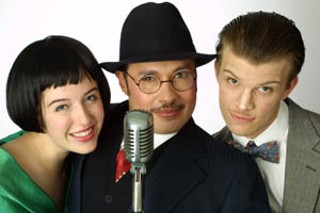 (l-r): Kathleen Fletcher as Dorothy Parker, adult guest artist Gabriel Maldonado as Alexander Woolcott, and Glenn Frasier as Robert Benchley in Vortex's <i>Vitriol and Violets</i>