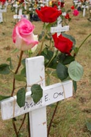 A memorial cross in honor of fallen Iraqi War soldier Marine Lance Cpl. Deshon E. Otey