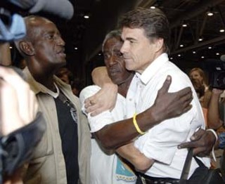 Gov. Rick Perry came out of the Katrina week looking like a saint for welcoming evacuees (above), while his 2006 gubernatorial challenger, Comptroller Carole Keeton Strayhorn, just added to the storm's hot air.