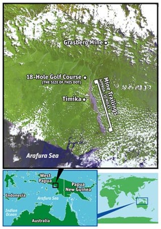 In the 10 years since a federal agency canceled its
political risk insurance, Freeport-McMoRan Copper &
Gold Inc. has dumped the equivalent of 190 Astrodomes
full of tailings into the local river system. These tailings –
which cover a stretch of river some 30 miles long – may
be releasing heavy metals such as mercury, cadmium,
and selenium. However, no known independent testing
of the tailings has been done.<br><a
href=/documents/WestPapua.jpg target=blank><b>View a larger
map</b></a>
