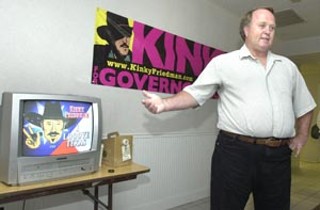 Dean Barkley of the Kinky Friedman for Governor campaign points to the campaign's new video ad, which will only be shown over the Web at <b>www.kinkyfriedman.com</b></a>.