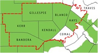 The seven-county area known as the Hill Country Priority 
Groundwater Management Area was defined in 1990. 
According to the Texas Water Code, all portions of this 
area must form local groundwater conservations districts 
(shown in green), yet southwest Travis Co. and northwest 
Comal Co. still have not done so.