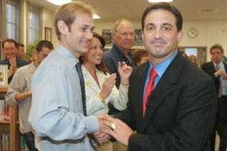The third Earle jumped into the political arena Tuesday,
as Jason Earle (r) – son of District Attorney Ronnie Earle
and brother of County Court at Law Judge Elisabeth Earle
– officially announced his candidacy for House District
47. The political newcomer, who heads community
relations for Girling Health Care, is running as a
Democrat for an open seat currently held by GOP Rep.
Terry Keel, who is running for the Court of Criminal
Appeals. Earle will face two other Dems in the March
primary: Valinda Bolton, a professional in the nonprofit
field, and legislative aide Dennis Speight. The victor will
advance to face the winner of what is now a five-way
contest in the GOP primary. For more candidate info, see
<b>Jonesin' for an Office at the Capitol</b></a>.