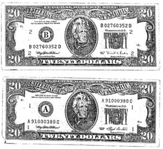 Two photocopies of $20 bills that police say informant
Santos Castro Castañeda used to buy crack from
Rick Patterson. Police made photocopies of the bills
before sending Castañeda out to troll for crack on
Edna's east side, but they produced in court as
evidence only the photocopies.