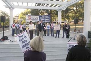 Opponents of Prop. 2's constitutional ban on gay marriage rallied in Wooldridge Park on Monday to warn that faulty wording in the proposition could threaten all marriages.