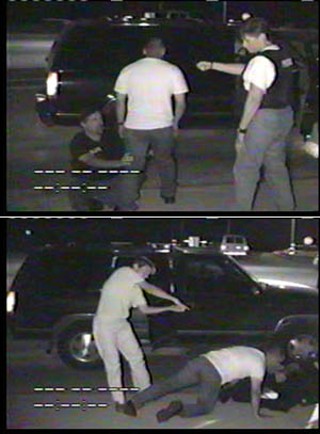 Top: APD Sgt. Don Doyle told police investigators that he was focused on trying to hold onto Rocha's leg when he heard a pop that he thought was a Taser firing. When he looked up over Rocha's right shoulder he says he saw only part of the muzzle of a pistol. Bottom: During her re-enactment, Officer Julie Schroeder said that after realizing her Taser was missing from a pocket in her police vest she pulled her weapon and fired one shot into Rocha's back as he lunged toward Doyle.
<br>Photos courtesy Austin Police Department