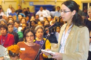 A packed forum of Becker parents, teachers, and neighbors