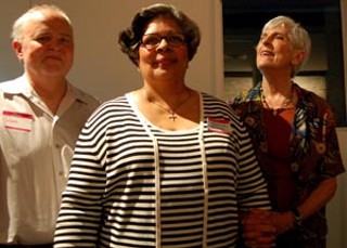 Former State Rep. Glen Maxey (l) and activist/lobbyist Bettie Naylor (r)
thank Rep. Senfronia Thompson, D- Houston, (center) for her work on behalf
of the gay, lesbian, and transgendered communities in the last legislative
session, including her fight against Prop. 2, the constitutional amendment
that ultimately succeeded in banning same-sex marriage in Texas. The
occasion was the Thanking You Fundraiser hosted by Naylor and Lew
Aldridge. Thompson addressed a crowd of more than 100, imploring the gay
community to cooperate and connect with other marginalized communities in
similar struggles.