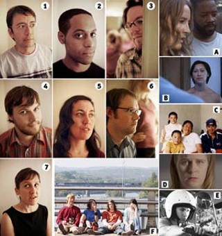 Match the Austin Filmmakers to Their Films!<br>
Hint: There are seven filmmakers, but only six films
screening at SXSW 06 ... give up? <br>Answers: 1&2 : A,
Jake
Vaughan and Bryan Poyser’s <i>The Cassidy Kids</i>;
<br>3
: B, Korey Coleman’s <i>2AM</i>; <br>4 : C, Heather
Courtney’s <i>Letters From the Other Side</i>; <br>5 :
D,
Steve Collins’ <i>Gretchen</i>; <br>6 : E, Paul
Gordon’s
<i>Motorcycle</i>; <br>7 : F, Kat Candler’s
<i>jumping off
bridges</i>. <br><a
href=match.jpg target=blank><b>View a larger
image</b></a>