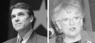 Gov. Rick Perry (l) insisted the new school financing plan
will solve the funding crisis; his November gubernatorial
opponent, Comptroller Carole Keeton Strayhorn (r), says
it just pushes public schools' money woes a little further
into the future.
