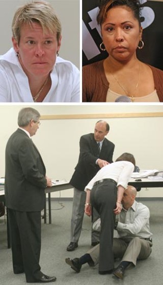 Former Austin Police Deptartment Officer Julie
Schroeder's bid to be reinstated to the force began
Monday with the start of her civil service arbitration
hearing, which is expected to last into next week.
Outgoing Chief Stan Knee fired Schroeder (top left) for
fatally shooting 18-year-old Daniel Rocha last summer
during a traffic stop. Explaining his decision to terminate
Schroeder, Knee concluded that she violated numerous
department policies – including policies on proper Taser
weapon handling, and procedures for using in-car
recording equipment – and, contrary to the conclusion of
Internal Affairs investigators, that her use of deadly force
against Rocha was inappropriate. Bottom: forensics
expert Tom Bevel (center) re-enacts how the shooting
occurred; at top right, Rocha's mother, Daniela Rocha,
listens to testimony. <i>– Jordan Smith</i>