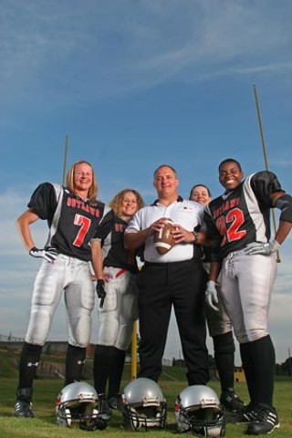 Monica Gauck, Julie Wilke, Coach Geoff Gummerman, K.J. Scheib, and Shadana Hurd