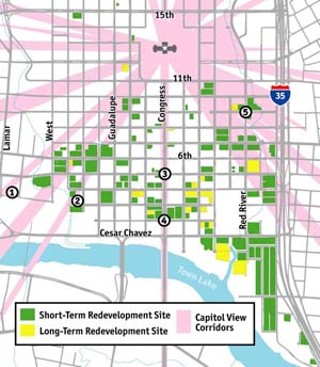 CENTRAL BUSINESS DISTRICT SITES<p>
<i>Where Do We Put 20,000 People?</i><br>
This map shows the developable sites within the
Central Business District (roughly south of the Capitol),
where CBD zoning allows high-rise residential. The
Downtown Commission prepared the map to illustrate
the difficulty of achieving the goal declared by Mayor Will
Wynn – and widely considered desirable for a vibrant
urban scene – of housing an additional 20,000 residents
Downtown by 2015.<br>
The point: Not enough suitable sites for high-rise
housing appear to be readily available, to hit the “20,000
in 10 years” goal.
<P>
<i>Five Down, 35 to Go?</i><br>
Five major projects already announced or proposed
could eventually house about 2,500 people; at that rate,
another 35 similar buildings would have to be built in
the next nine years to hit the “20,000 in 10 years” goal.
<br>
1) Spring Condominiums, Third and Bowie. (36 floors,
280 units)<br>
2) 360, Third and Nueces (44 floors, 432 units)<br>
3) Fifth and Congress (700 foot, mixed-use)<br>
4) Second and Congress (40+ floors, residential),
proposed<br>
5) Red River Flats: Red River and East Ninth (four stories,
120 units)
<p><a href=http://www.austinchronicle.com/issues/dispatch/2006-06-23/Developability_cbd_only.jpg
target=blank><b>View</b></a> a larger image