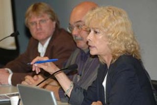 Former Mayor Pro Tem Jackie Goodman (r) speaks at the Austin Community Media Forum