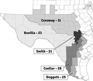 SOUTH TEXAS REMAP:<br>The U.S. Supreme Court ruled
that the Congressional District map for CD 23 (Henry
Bonilla) violates the Voting Rights Act and must be
redrawn, almost certainly necessitating changes in CD 28
(Henry Cuellar). The decision also described CD 25 (Lloyd
Doggett) as an illegitimate attempt to create a substitute
Latino-influence district for CD 23, expecting that
district will also be withdrawn. The resulting changes will
likely reverberate through at least the six districts shown
here (including Lamar Smith's CD 21), and perhaps one
or two more. Map proposals and arguments are due in
federal district court July 14.<br><a href=redistrict.jpg
target=blank><b>View a larger map</b></a>