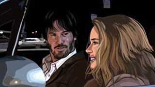 Keanu Reaves (as Bob Arctor) and Winona Ryder (as Donna Hawthorne) have an animated conversation in <i>A Scanner Darkly</i>.