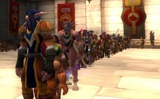 Members of the United Order of Virtue, a <i>World of Warcraft</i> guild, line up in their Sunday best to slay an elemental beastie or perhaps just paint their e-universe red.