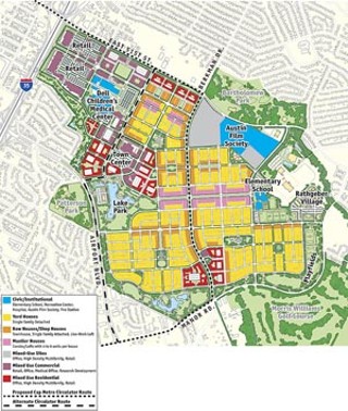 THE MUELLER MASTER PLAN<br>
Mueller is planned to have 10,000 residents, about
10,000 jobs, and more
than 100 acres of parks and green space.<br>
And in that city there was a village: The master plan for
Mueller shows
a blend of housing, retail, health care, recreational, and
other
elements, making it almost a stand-alone community
within Austin. While
a mix of housing types – including 25% affordable
housing –
predominates, Mueller integrates retail and commercial
uses, unlike the
usual one-note subdivision.
<br><a href=http://www.austinchronicle.com/issues/
dispatch/2006-09-29/mueller.jpg
target=blank><b>View a larger map</b></a>