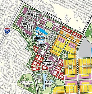 THE NORTHWEST QUADRANT, southeast of the
intersection of I-35 and 51st
Street, is the section actively under construction and
includes both the
Dell Children’s Medical Center (increasingly visible from
the highway)
and the major retail sites near the highway that will be
under-way in
the new year. On the 51st Street side, this quadrant also
includes the
site for a proposed UT academic health center. Southeast
of the hospital
is the “Town Center” opening on Aldrich Street, as well
as the Lake Park
(under construction).