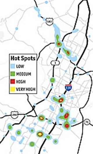 Austin roads most plagued by street racing according to 
APD, 2004-2006
<p>1) Highway 183/Research
<br>2) Highway 290 West/Ben White
<br>3) William Cannon
<br>4) Slaughter
<br>5) Riverside
<br>6) MoPac North
<br>7) Oltorf
<br>8) South First
<p><a href=http://www.austinchronicle.com/issues/
dispatch/2006-09-29/racing.jpg 
target=blank><b>View a larger map</b></a>