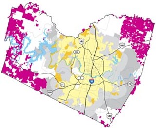 Qualifying Properties: Tracts shown in magenta would be eligible for CDO incentives; all are ag-exempt parcels in unincorporated areas of Travis County. If Austin (yellow) were to extend the program to ETJ areas (gray) it controls, the potential to conserve open space would be even greater.<br>
For a larger map <a href=http://www.austinchronicle.com/issues/dispatch/2006-10-20/TCAD.jpg target=blank><b>click here</b></a>