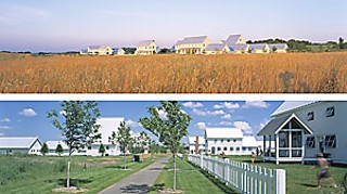 A Cohesive Community: Consistent regional architecture throughout Jackson Meadow gives the conservation development much of its strong character and appeal. Architect David Salmela won a national AIA award for the project. Each home is custom designed, yet all are unified by common forms based on local rural buildings, white-washed cedar siding, and aluminum roofs.
