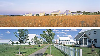 A Cohesive Community: Consistent regional architecture throughout Jackson Meadow gives the conservation development much of its strong character and appeal. Architect David Salmela won a national AIA award for the project. Each home is custom designed, yet all are unified by common forms based on local rural buildings, white-washed cedar siding, and aluminum roofs. 
