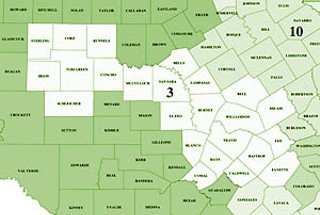 The 3rd Court of Appeals, the boundaries of which are
shown here, hears both civil and criminal cases appealed
from lower courts in 24 counties.<br><b><a
href=http://www.austinchronicle.com/issues/dispatch/
2006-10-27/coa_map.pdf target=blank>Download a
larger map</a></b>