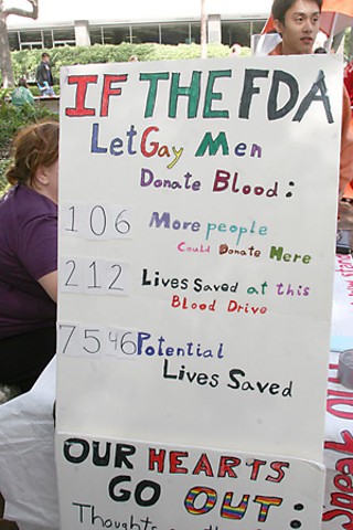 Gay-rights activists held a “blood donation drive” on the 
UT campus last
week, but no blood was collected. Instead, 108 gay men 
“donated” their
signatures to the student organiza tion StandOut, to 
highlight the fact
that, under federal regulations, any male who has had 
sex with another
male since 1977 is forbidden from giving blood. The 
event organizers
complain that the regulation, imposed in 1983 at the 
dawn of the AIDS
epidemic, is discriminatory and outdated. They also 
claim that if the
regulation were not in place, those 108 men could have 
given blood that
would have saved 216 lives.