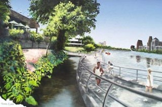 Town Lake Trail Boardwalk: On the south shore of Town Lake, a 14-foot-wide boardwalk built on piers over the water is under consideration (along inaccessible or privately owned stretches). The boardwalk could make the Town Lake Trail an 11.25-mile, unbroken loop around the lake; currently users must jog over to streets along the nearly 2-mile Riverside gap. A cheaper alternative: Convince landowners to deed shoreline easements (Parks Department rendering).