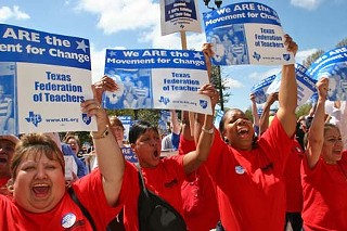 Hundreds of teachers and public school employees descended on the Capitol Monday to hear from union leaders and supportive state lawmakers and then lobby their individual representatives to support public schools. Among their demands: Enact reforms to Texas' high-stakes testing system; restore cuts in education spending from two Legislative sessions ago, including a $1,000 health-care stipend for employees; bring Texas' teacher pay up to the national average (which would require a raise of about $4,000); and abandon performance pay programs.